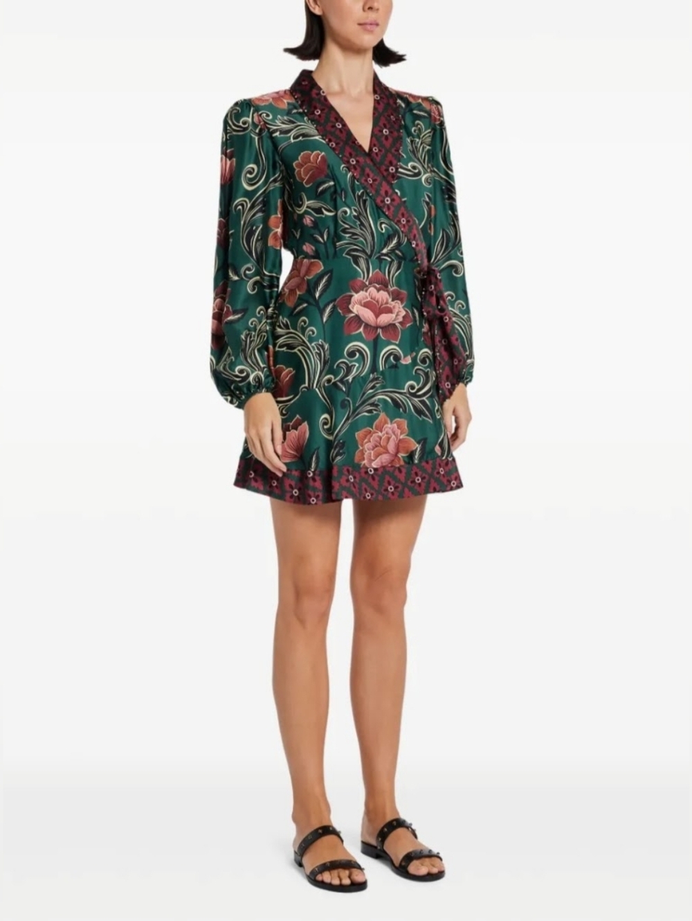 FARM Rio Arabesque Floral Wrap Mini Dress in Forest Green Size S/M